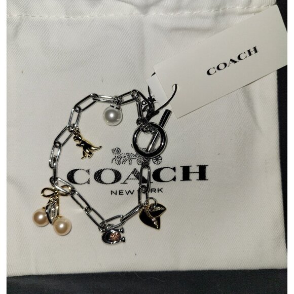 COACH NWT Silver Cherry Dinosaur C Logo Pearl Charm Bracelet - Picture 2 of 2